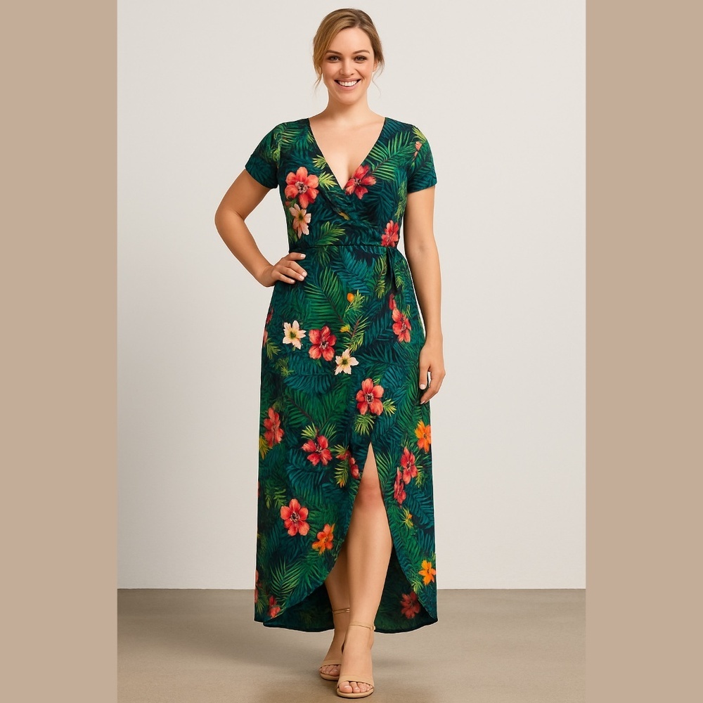 Popular Basics Tropical Faux-Wrap Maxi Dress – Size M - Picture 2 of 10
